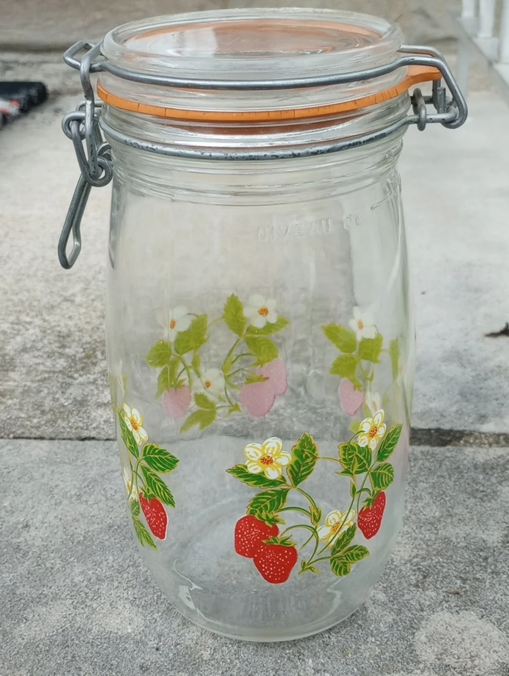 Vintage Clear Glass Round 1.5 Liter Strawberry/Floral Canister. Red Green Yellow